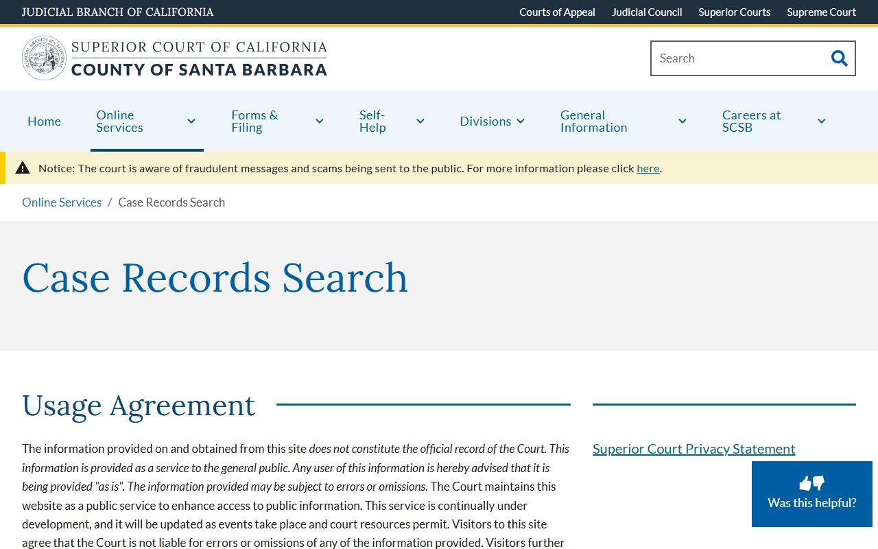 Santa Barbara County Court case records search usage agreement page