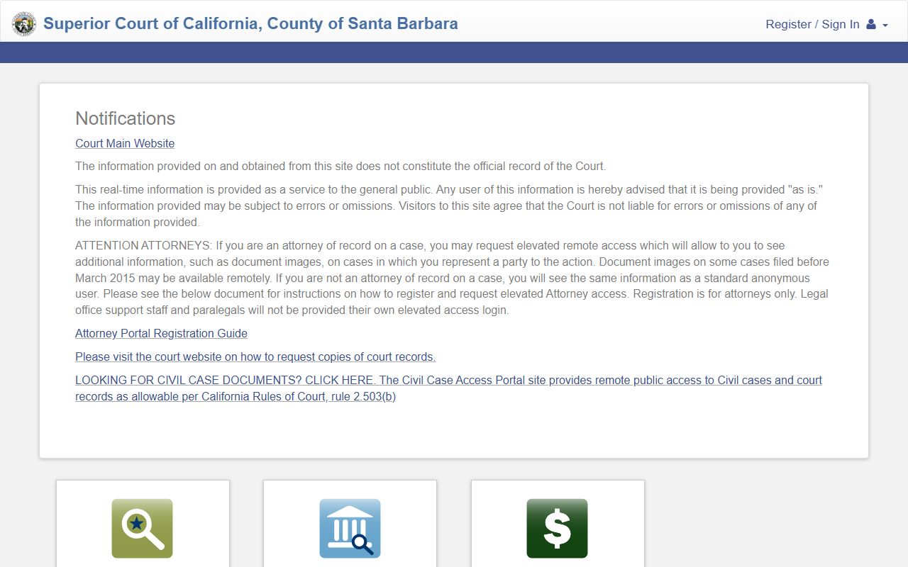 Santa Barbara County Court Odyssey Portal landing page with Smart Search
