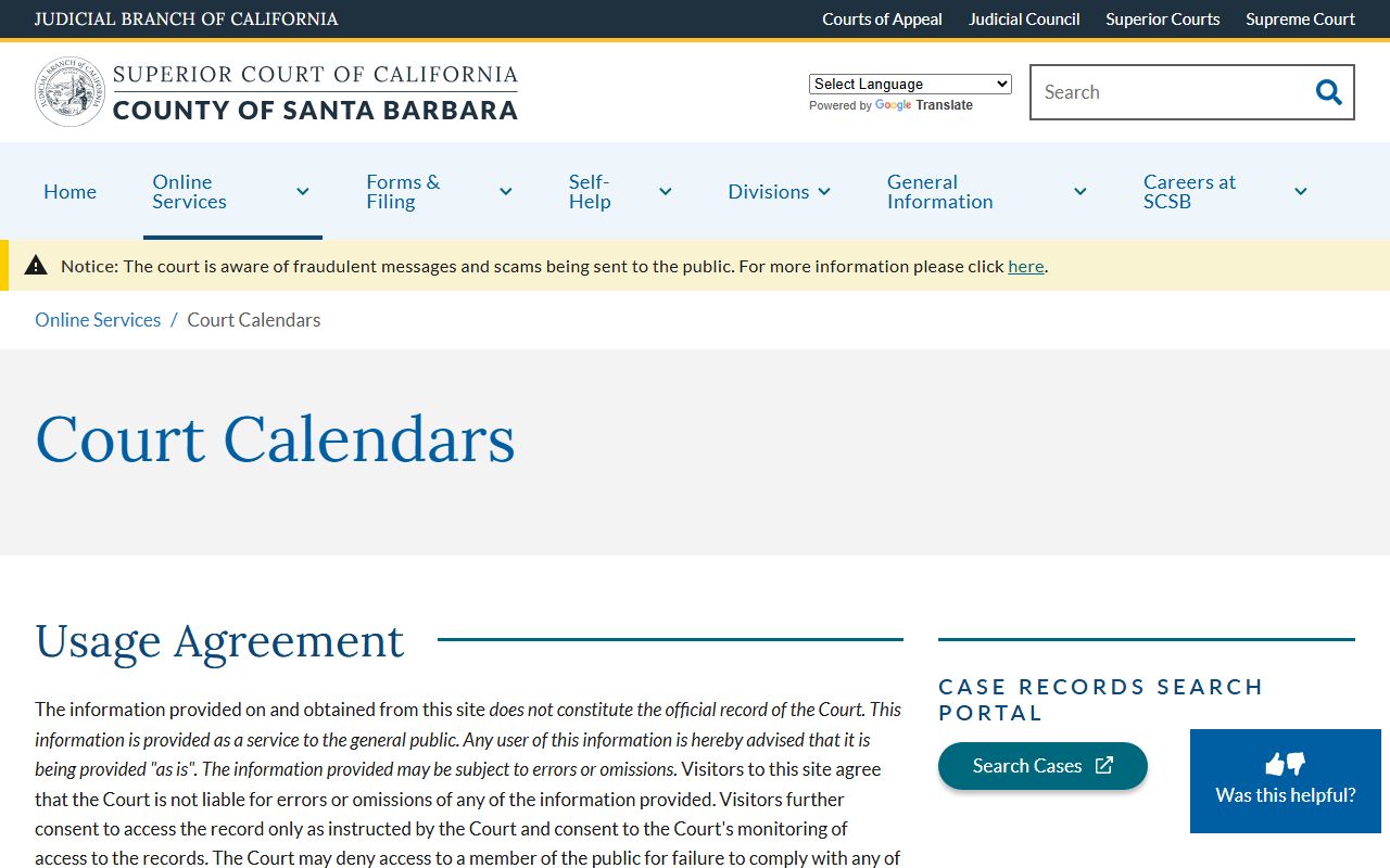Santa Barbara County Court calendars page with usage agreement