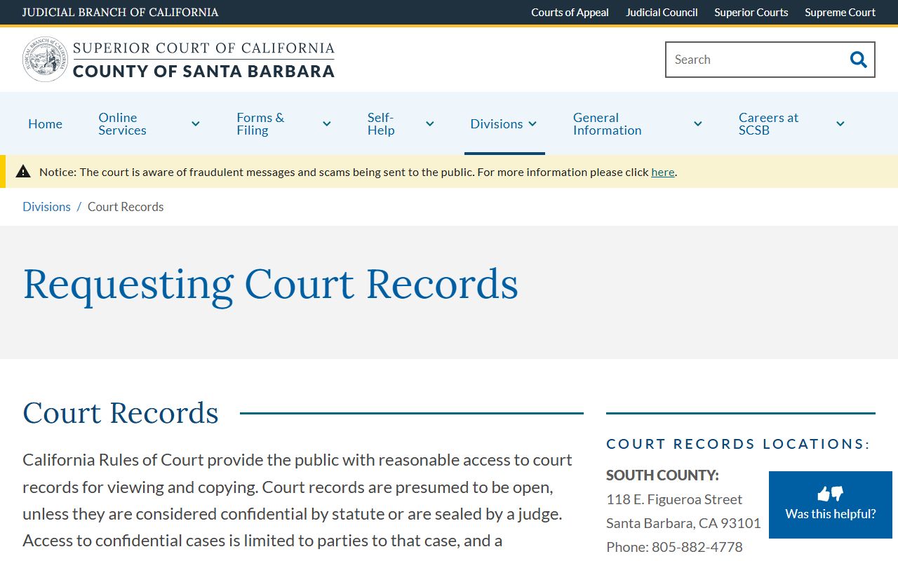 Santa Barbara County Court records request page with copy fees and window locations