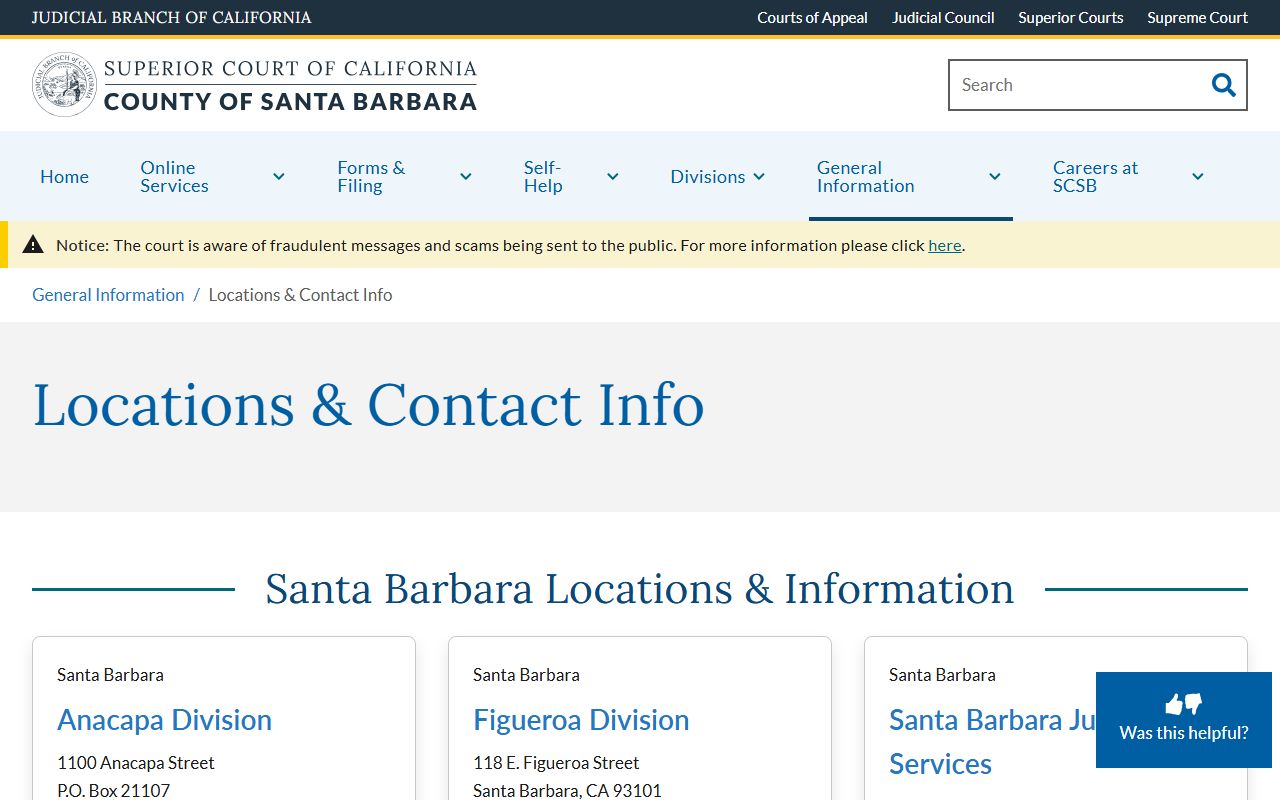 Santa Barbara County Court official location addresses and phone numbers page
