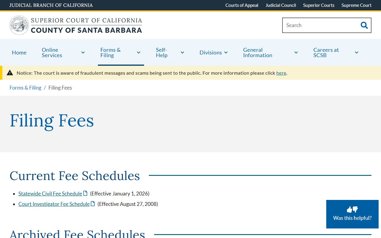 Santa Barbara County Court Superior Court filing fee schedule page