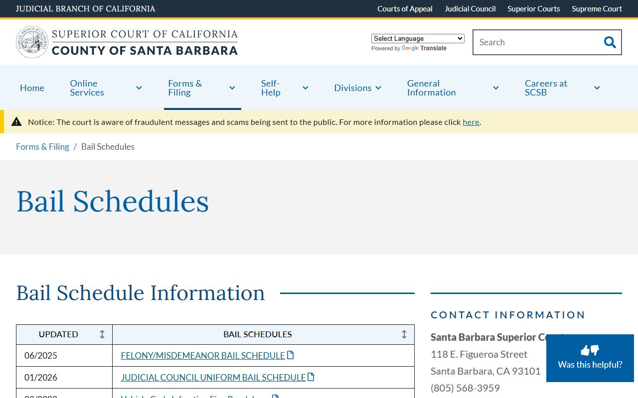 Santa Barbara County Court local bail schedules page