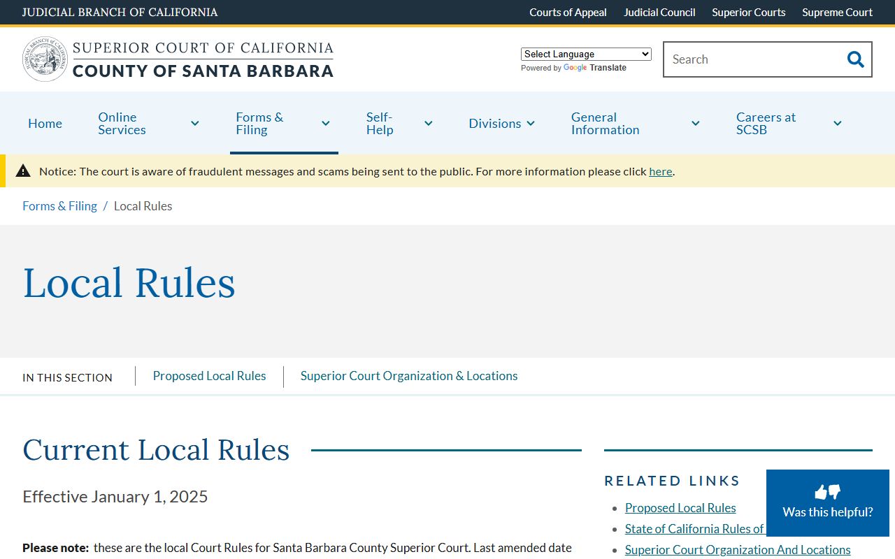 Santa Barbara County Court local rules page covering court organization