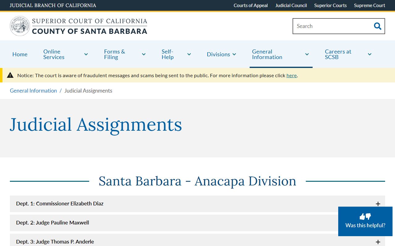 Santa Barbara County Superior Court judicial assignments by department