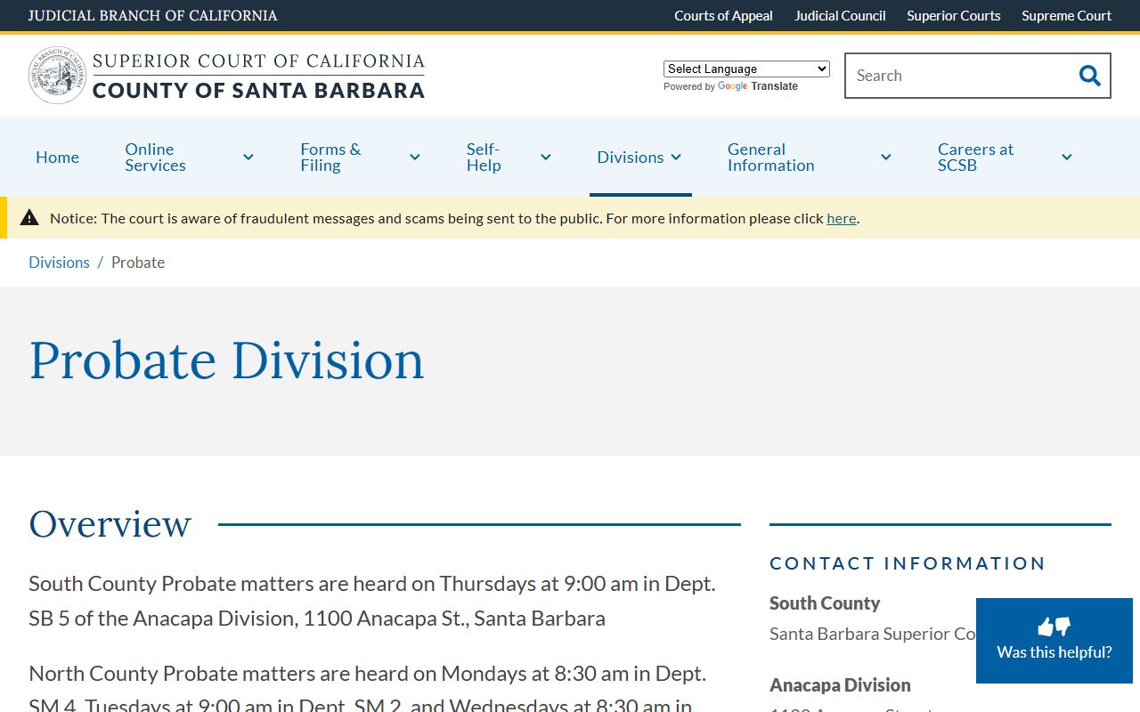Santa Barbara Superior Court probate division page