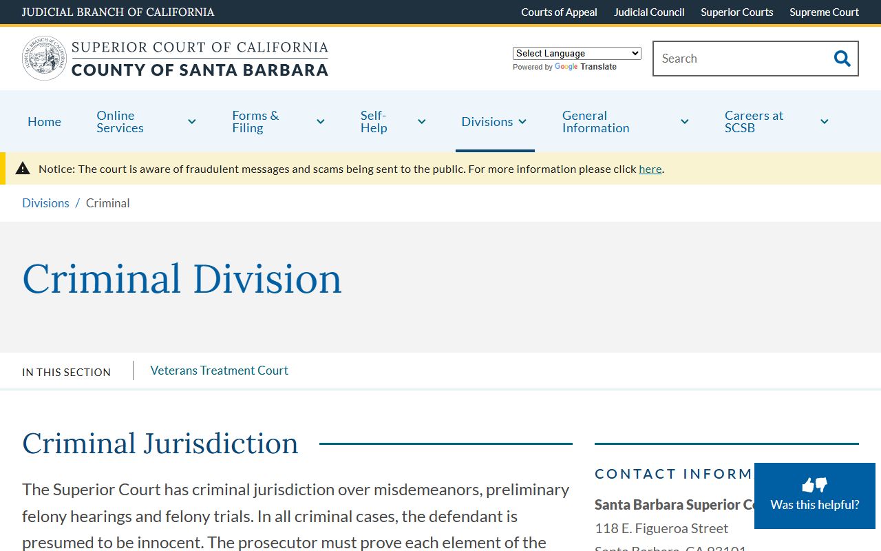 Santa Barbara County Superior Court criminal division page for criminal records access