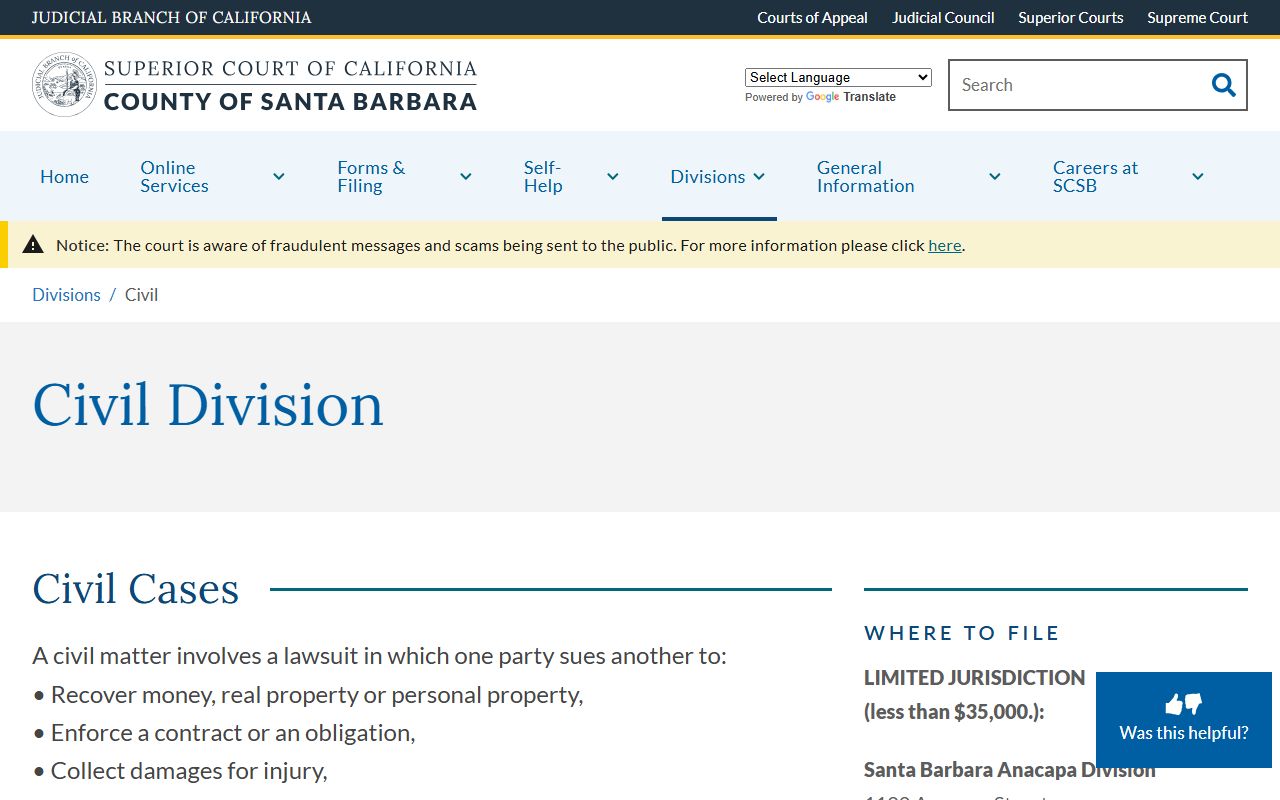 Santa Barbara County Superior Court civil division page used to reach court records online