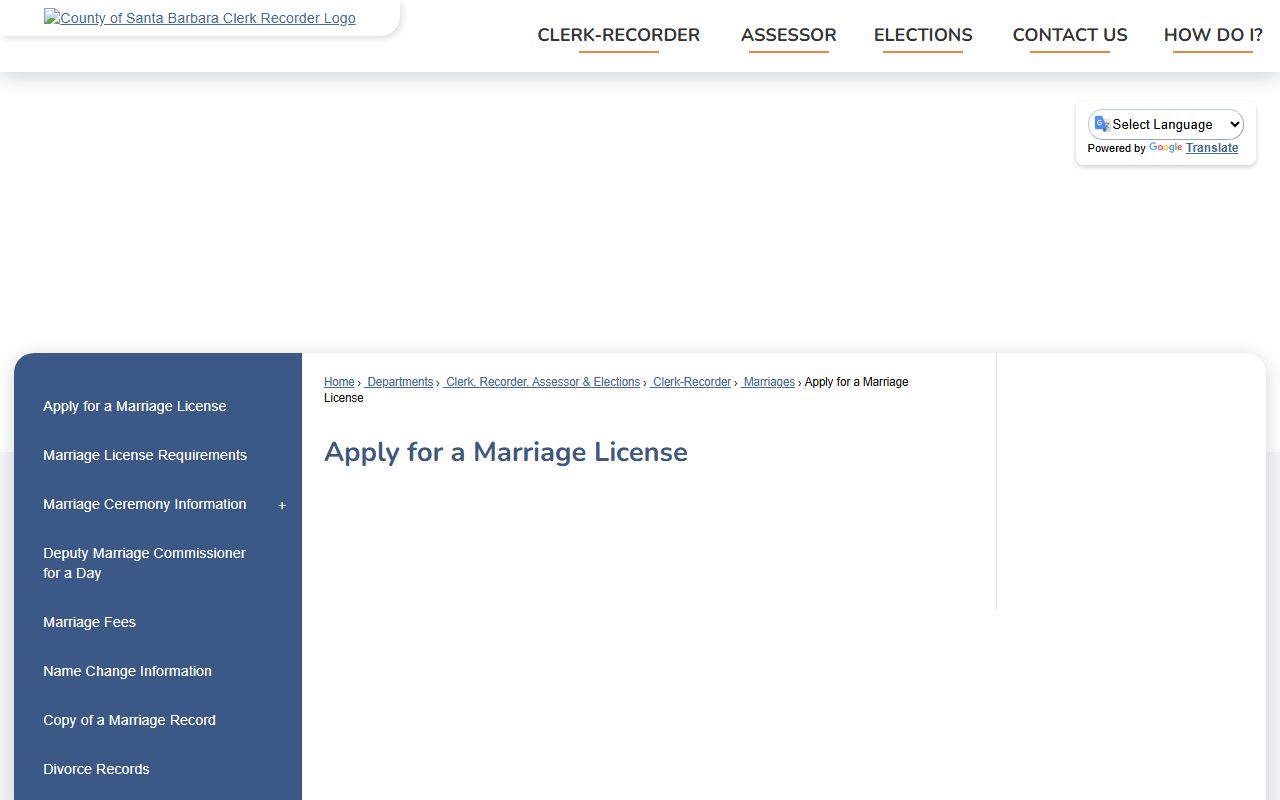 Santa Barbara County marriage license application process and FAQ page