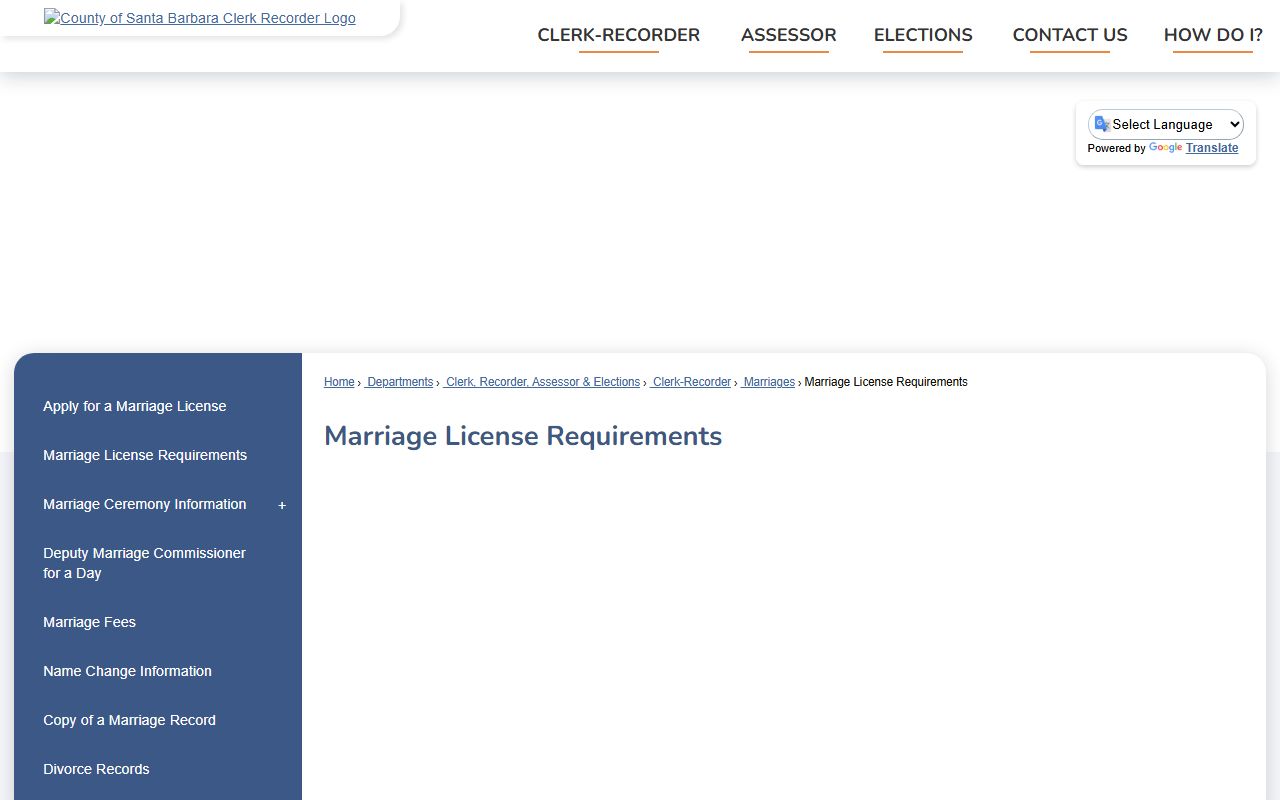 Santa Barbara County marriage license requirements page