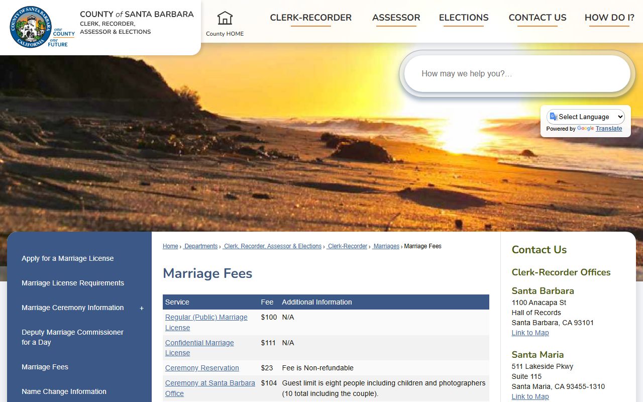 Santa Barbara County Clerk-Recorder marriage fees page