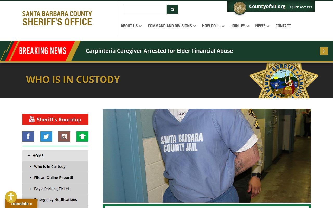 Sheriff Who Is In Custody page used for Santa Barbara County jail roster