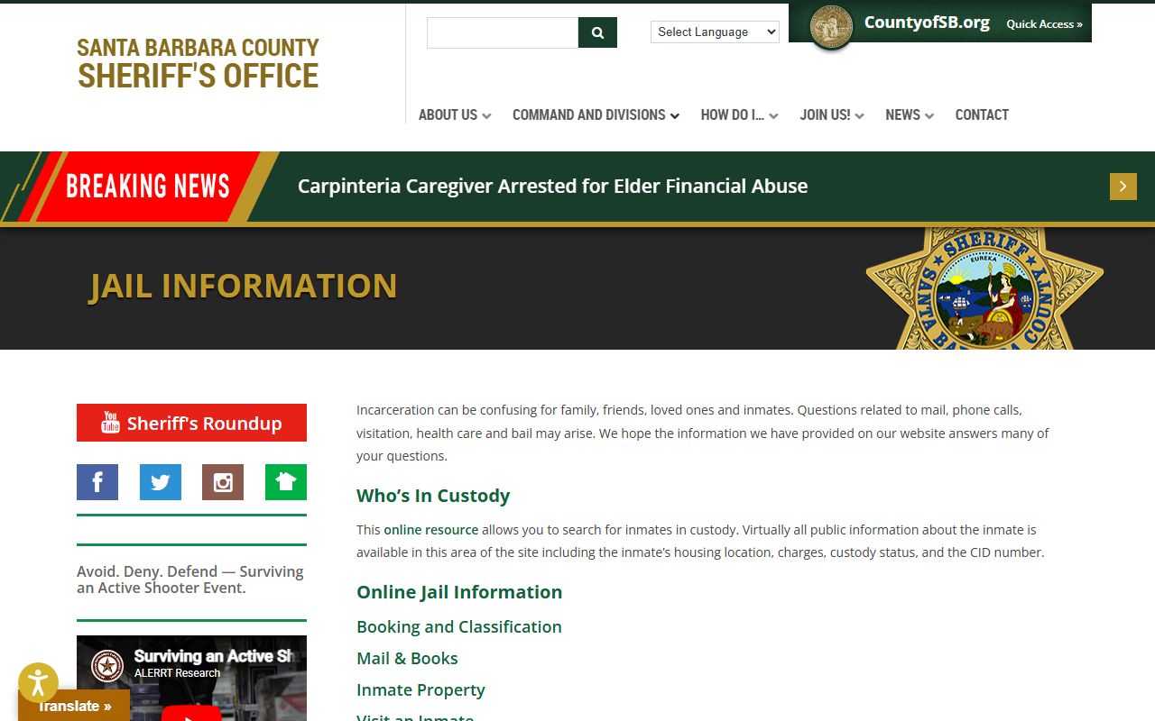 Santa Barbara County jail information page used for inmate records lookup