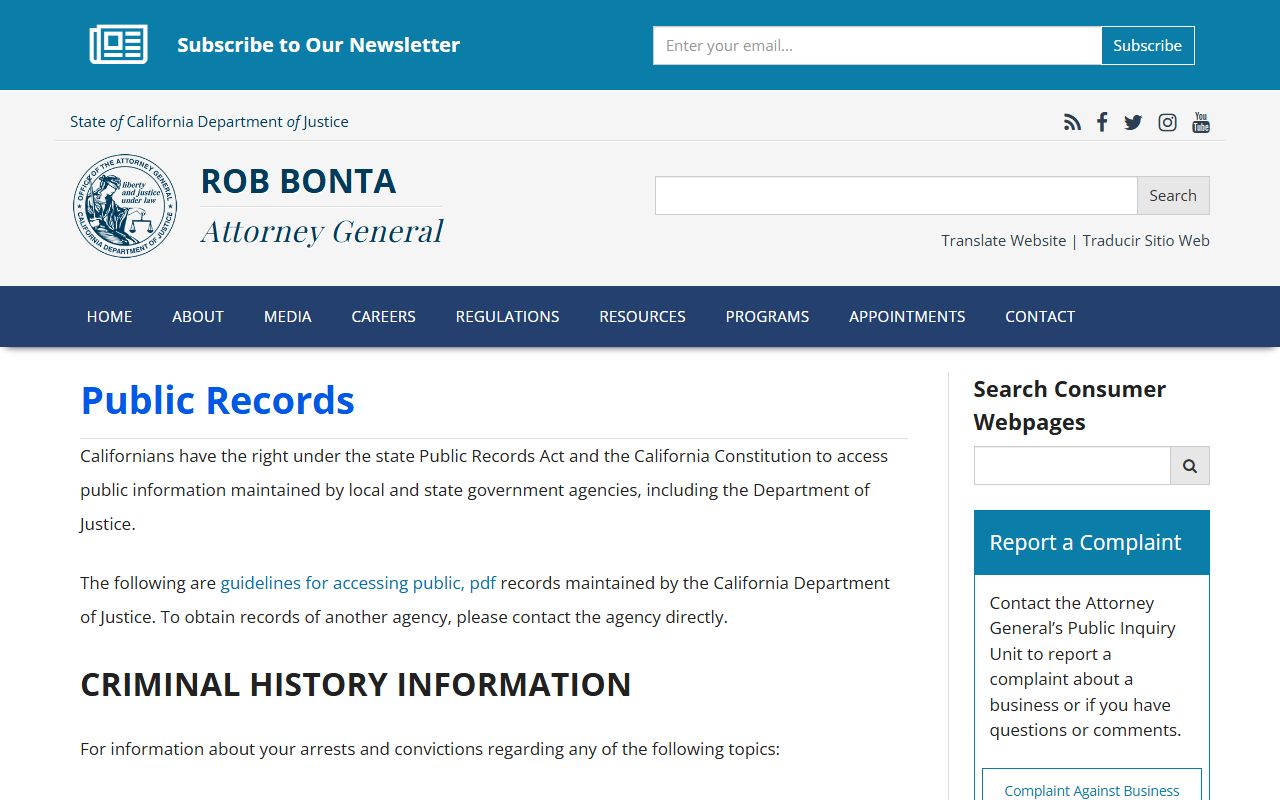 California Attorney General Public Records Act summary page
