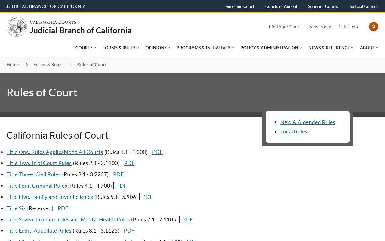 California Rules of Court site used for Santa Barbara County court records access rules