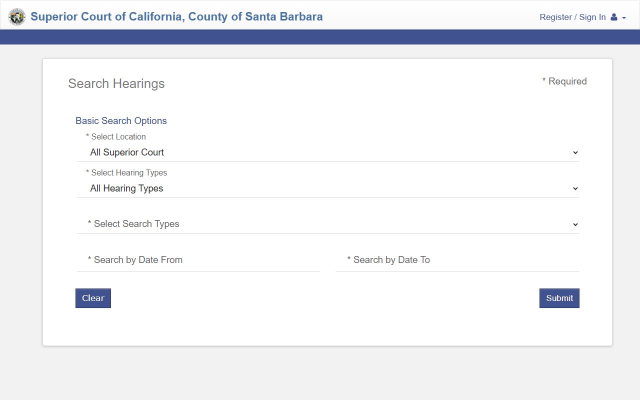Santa Barbara County Odyssey Search Hearings tool used to look up court dockets